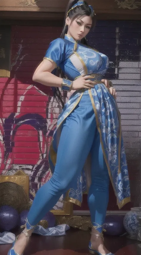 a close up of a woman in a blue outfit posing, portrait of chun - li, chun li, chun-li, chun - li, portrait of chun li, inspired by Leng Mei, as a character in tekken, full body xianxia, fighting game character, character from king of fighters, dead or ali...