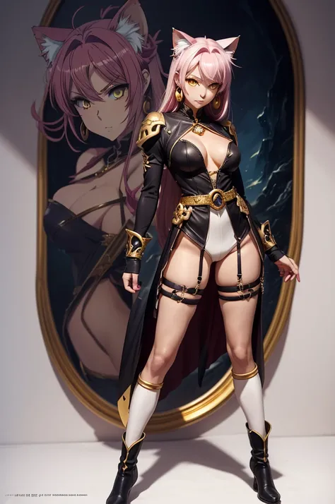 There is lost coliseum there stand female lionessin battle stance, she have ebony colour skin beautiful yellow cat eyes dark gold eyeshadows make up, ring style earrings, her hair is purple with pink highlights . she dressed in white neather topic with gol...