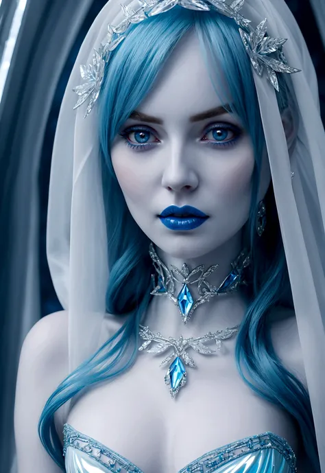 A ice elf (lovely woman, pale blue skin, deep blue hair and eyes, sheer reflective evening dress) acting alluring in a winter wonder land
