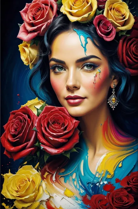 Beautiful old girl with a bouquet of roses in her hands.! The magic of creating masterpieces of portrait art ! All paint colors, poured onto canvas, magically move and mix., turning into a stunningly beautiful portrait ! thick . bright and contrasting colo...