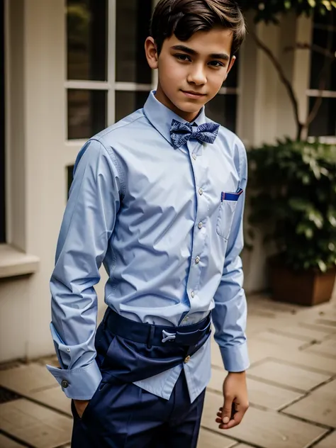  14 year old boy wearing button up and bow tie and dress pants . 4k high quality detailed