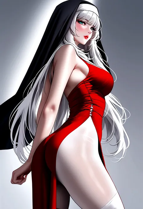 Character (hair bangs) (white long hair) (white pale skin) (battle nun-style clothing) (red clothing) (character in dynamic pose) (butt taken)