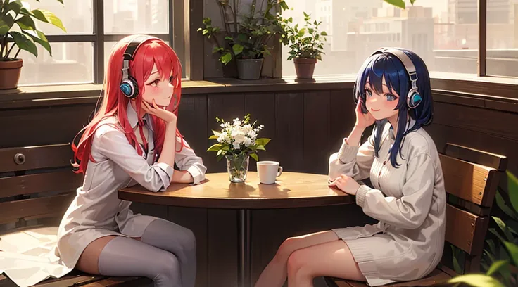 A smiling girl, listening to music with headphones, is turned to the side while drinking coffee in a cafe. Theres a straw on the table, and sunlight streams through the window, creating a warm and cozy atmosphere. The space is filled with a floral aestheti...