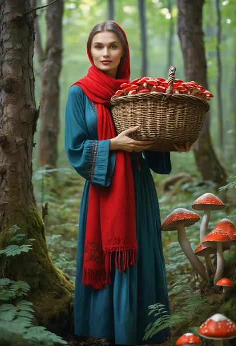 Araphic woman in a red scarf holding a basket of mushrooms, Slavic folk tale, Russian folk tale, traditional russia, Slavic mythology, Beautiful image, 8K))), in a bizarre fairy tale forest, Yaroslava Korol, mushrooms grow from the body, Cottage centre, by...