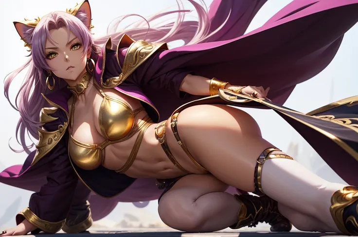 There is lost coliseum there stand female lionessin battle stance, she have ebony colour skin beautiful yellow cat eyes dark gold eyeshadows make up, ring style earrings, her hair is purple with pink highlights . she dressed in white neather topic with gol...