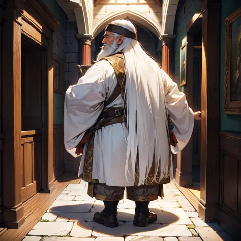 back view old dwarf with white beard in medieval outfit on the hall