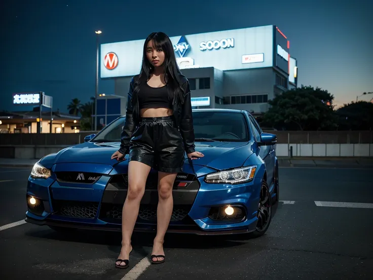 movie poster style, a long black-haired Japanese woman in casual all-blue clothes standing next to her glossy blue mitsubishi lancer evolution with Japanese art decals and plates name *KEY*, a beach setting against the backdrop of city lights at a beautifu...