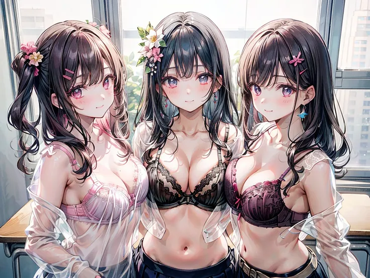 (Best quality, 8k, 32k, Masterpiece, UHD,:1.2),RAW, (3girls),ultra cute , natural lighting,transparent shining eyes, 20yo,medium breast ,fair complexion ,flushed face, ((Beautiful medium breasts)), ((bare breasts)), (Pink floral hair ornament), brown hair,...