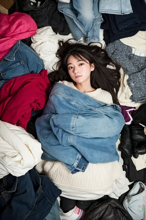 A person is buried under a pile of used clothes、The head is slightly visible