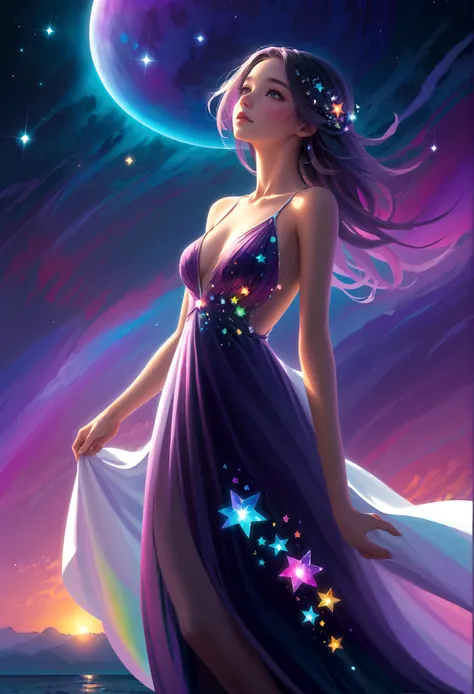 masterpiece, Cute girl, Break, Purple evening dress, High detail face, Back, whole body, glare, Rainbow Colors, Global Illumination, Soft Light, Light of Dreams, number, 8K Close-up, fantasy, Night Sky, Star, nebula, White crystal, moonlight, peaceful, sum...