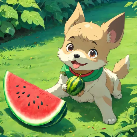 A puppy eating a watermelon