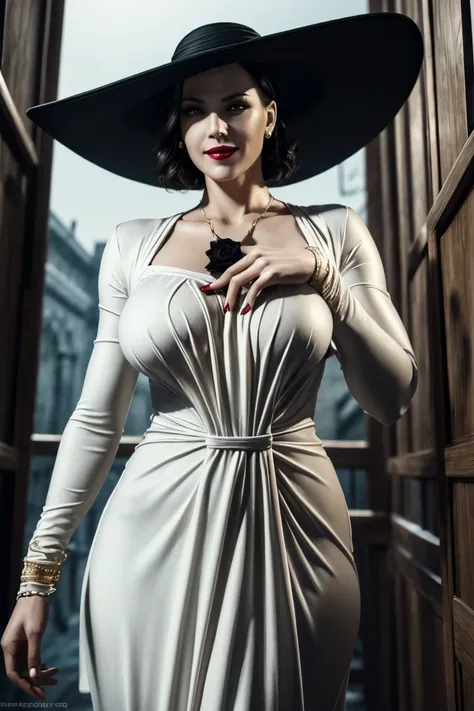 resident evil 8,madame dumitrescu,short hair,pure white skin,golden eyes,tall,white long dress,black hat, black rose brooch,phot...