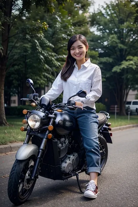 A beautiful 20 year old Chinese girl wearing a flannel shirt, jeans, black canvas shoes, is sitting on a Verspa motorbike, smiling sweetly, carrying a long-tailed white squirrel.