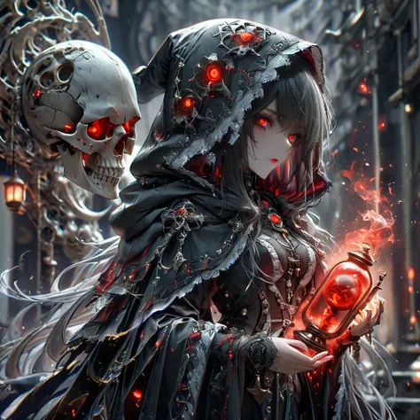 (Photo-realistic), Young Death Witch, Skull with red glowing eyes, ((Black robe with hood and detailed white trim)), Holding hourglass in right hand, (High Detail, Very detailed, masterpiece, beautiful:1.2), Black space appears in the background, Dynamic p...