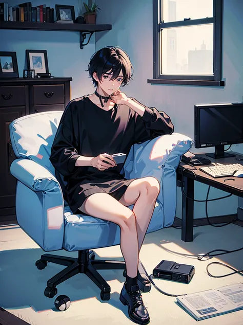 black haired man , Sitting in front of a modern computer and doing programming. , in a room with light , Game creation theme , slide