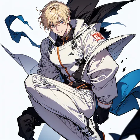 A full-body illustration of a handsome man looking at you and smiling。boots,Delicate Drawing、Blonde、acrylic、Thick Coating、Color Sketch、in the style of bold line,White background。A suitable background --s 70
