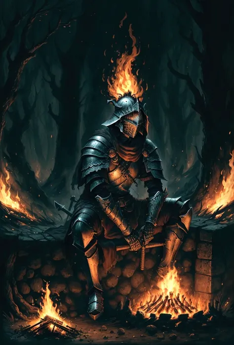 a warrior resting in bonfire, high quality, masterpiece, dark theme, dark souls theme,  