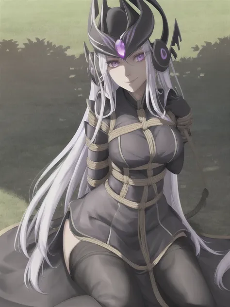 sky, grass, field, syndra, league of legends, 1girl, hand on hips, armor, black gloves, black thighhighs, breasts, long hair, lo...