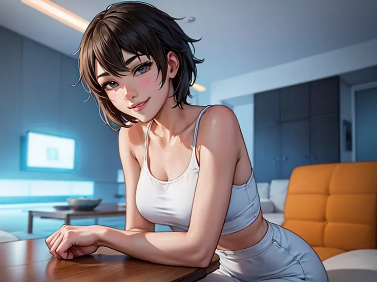 high quality, Makoto Shinkai style, detailed facial details, bright colors, 4K, (solo:1.4), a beautiful 18-year-old woman with short hair, dressed in a white tank top and white miniskirt. She is seated at a sleek, modern dining table in a contemporary livi...