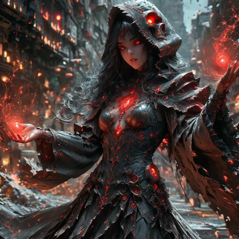 (Photo-realistic), Young Death Witch, Skull with red glowing eyes, ((Black robe with hood and detailed white trim)), Holding hourglass in right hand, (High Detail, Very detailed, masterpiece, beautiful:1.2), Black space appears in the background, Dynamic p...