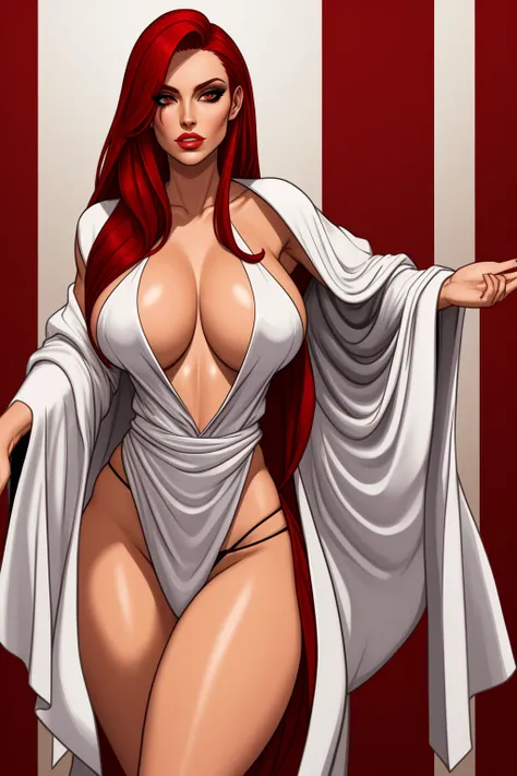 sorceress. sexy white robe, black panties, red hair, blank background