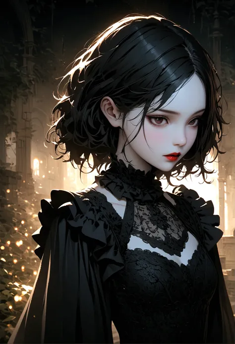 a gothic lolita girl,pale skin,red lips,porcelain doll-like face,intricate black lace Evening Dress,ruffles,bows,high collar,long black hair,haunting gaze,dark fairy tale,dramatic lighting,moody atmosphere,cinematic,highly detailed,masterpiece,photorealist...