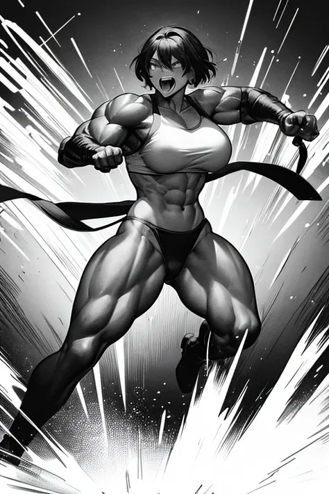 A full-body image of a muscular woman in a gag manga style, set in a battle scene. She has exaggerated muscles and a comedic expression, characteristic of gag manga. The background is dynamic and action-packed, emphasizing the battle atmosphere.
