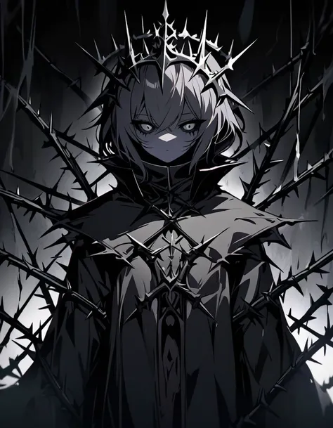 (dark art), gloomy girl, dark gray steel skin, gray eyes, gray sclera, (dark gray hair), crown of metallic thorns, closed clothing, high collar, many steel thorns, cold lighting, (dark lighting), many shadows, cold lights