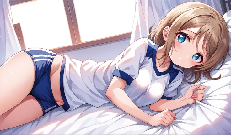 score_9, score_8_superior, score_7_superior, score_6_superior, score_5_superior, score_4_lovelive＿sun shine＿Watanabe＿Yao＿Gym suit＿Bloomer Style_Lie down in bed_View your viewers