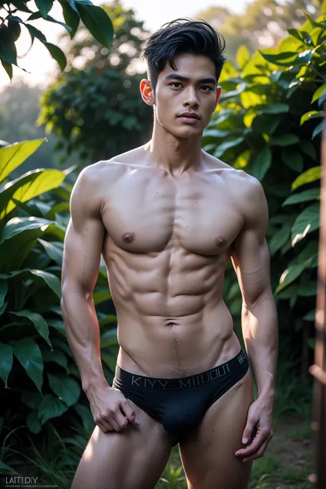 Ancient Thai Daddy,60 year old,Thai nationality,Thai ethnicity,Corn field background,skinny boy body, muscle body,sport body, big muscle, Handsome face,Six Pack,muscle,Crew Cut Mens hairstyle, He was wearing tight Yellow and Grteen Calvin Klein underwear a...