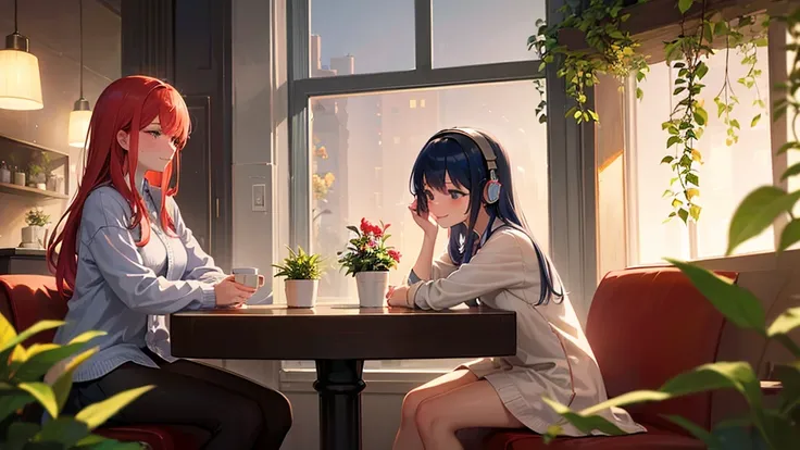 A smiling girl, listening to music with headphones, is turned to the side while drinking coffee in a cafe. Theres a straw on the table, and sunlight streams through the window, creating a warm and cozy atmosphere. The space is filled with a floral aestheti...