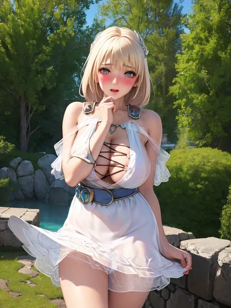 masterpiece, ultra-detailed, best quality, extremely detailed, 8k, high res, realistic, 1girl, 18yo, beautiful girl,BREAK,(blush:1.5),(((Cleavage,Areola))),BREAK,(white translucent dress,Roll up your skirt to show your underwear:1.5),