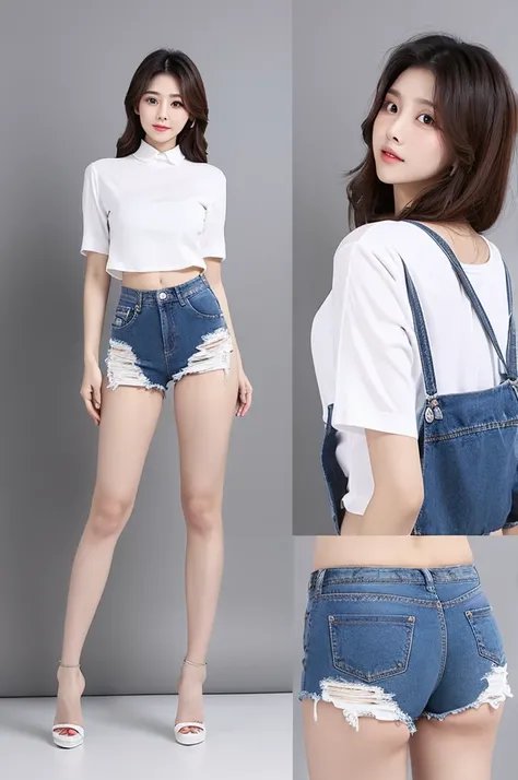 white　shirt　denim　short pants　back