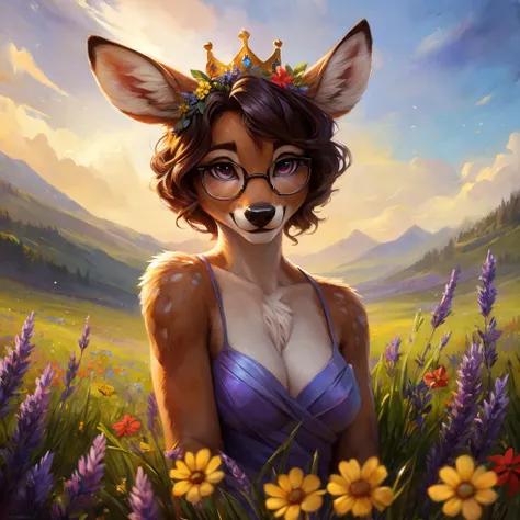 uploaded on e621, watercolor look, by Pixelsketcher, by Bayard Wu, by Thomas Benjamin Kennington , by Einshelm, by hioshiru and kenket, Chunie, portrait, solo anthro female deer doe, with small featureless breasts, clear dark blue, cinematic lighting, day,...