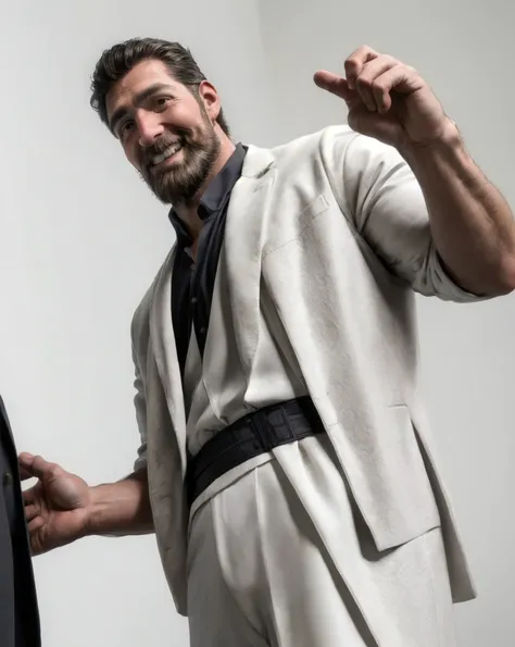 (RAW photo), black suit jacket, white dress shirt, muscular dilf, King Frederic, beard, (short hair:0.9), medium shot, white background, smile