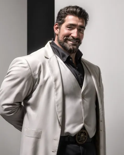 (RAW photo), black suit jacket, white dress shirt, muscular dilf, King Frederic, beard, (short hair:0.9), medium shot, white background, smile