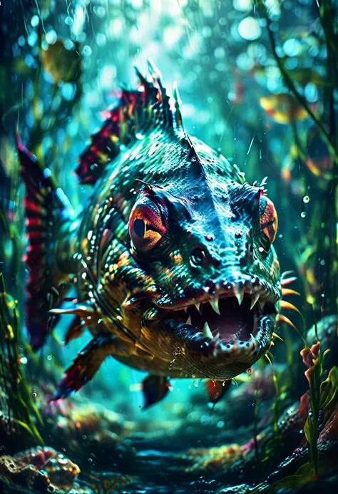 a high-quality digital painting of a menacing (piranha) swimming aggressively towards the viewer in a dark, murky underwater set...