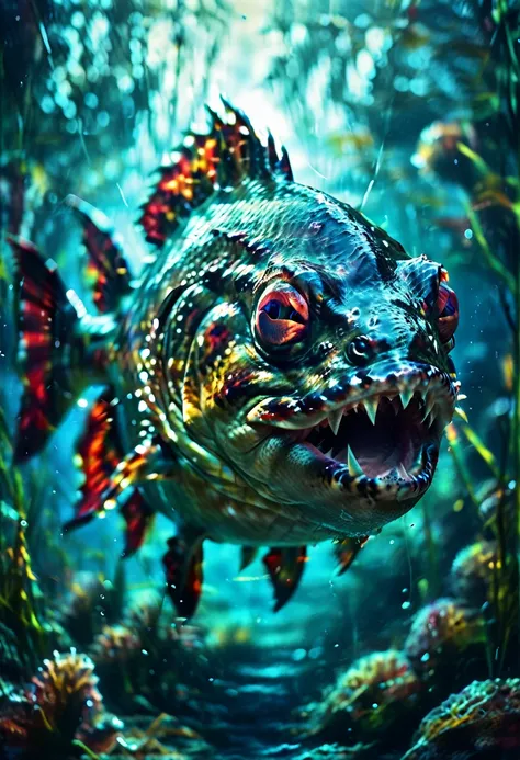 a high-quality digital painting of a menacing (piranha) swimming aggressively towards the viewer in a dark, murky underwater set...