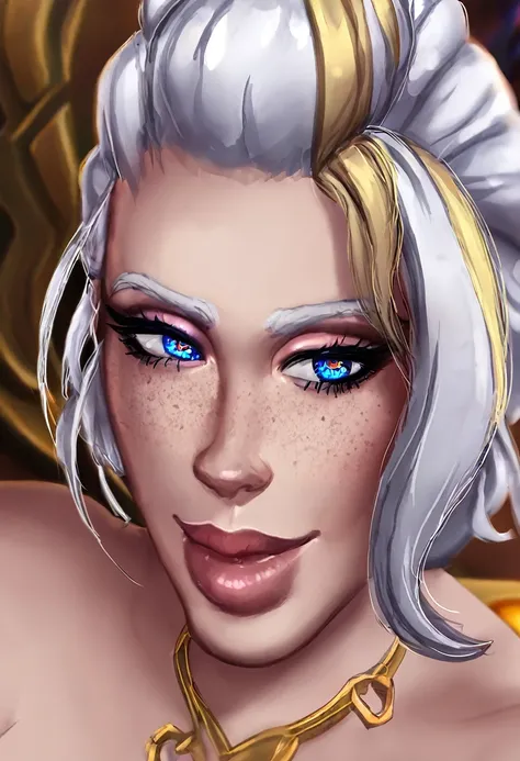 Jaina proudmoore, close-up of a beautiful female face, gorgeous eyes, intricate, cleavage, soft lips, smiling, naughty, seductive glance, freckles, crown, jewelry