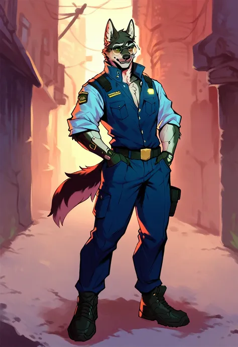 a cyberpunk-style anthropomorphic full body black wolf police officer, wearing red round glasses and cyberpunk-inspired clothing...