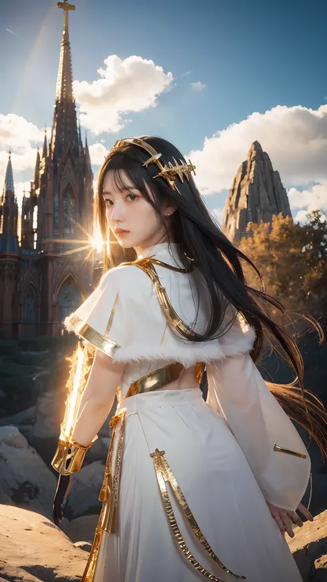 ((masterpiece, best quality, extremely detailed), volumetric lighting, ambient occlusion, colorful, glowing), 1girl, solo, young girl, (black fluffy hair), long hair, halo, aura, sacred, goddess, cleric suit, (white outfit with gold detailst:1.3), armor, o...