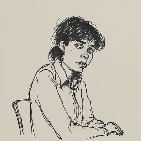 a black and white drawing of a close-up of a funny agender person who replies to the office phone
