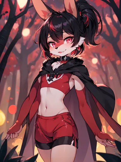 (furry:1.5), rabbit lip male, pink eyes, bunny nose, red skin, black hair, cute, ultra cute face, black hair, short hair ponytai...