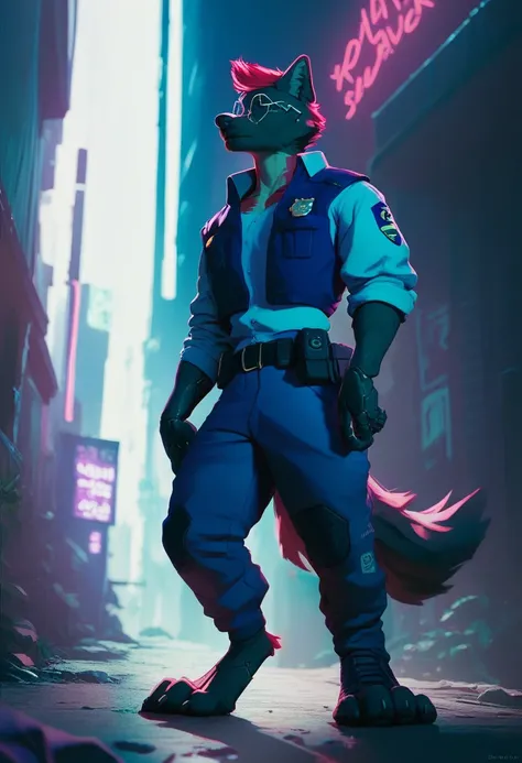 a cyberpunk-style anthropomorphic full body black wolf police officer, wearing red round glasses and cyberpunk-inspired clothing...