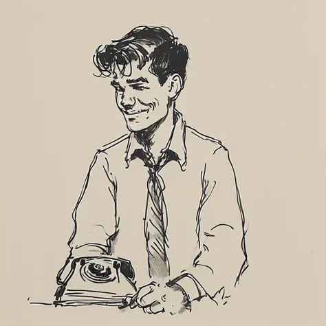 a black and white drawing of a close-up of a 1960 happy agender masculine person who replies to the office phone