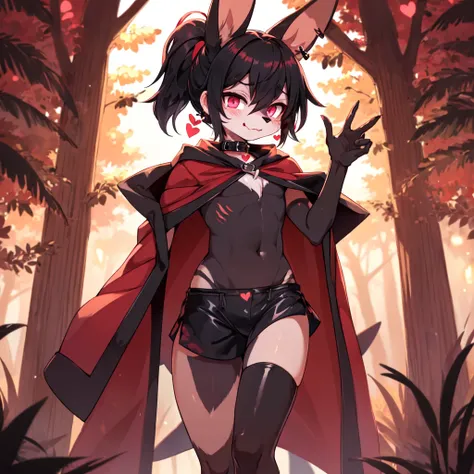 (furry:1.2), rabbit lip male, pink eyes, red skin, black hair, bunny nose, cute, ultra cute face, black hair, short hair ponytail, ears covered by hair black hand, bunny feet, black feet, bare feet, Heart-shaped mark on chest, (ultra detailed), shy, soft, ...