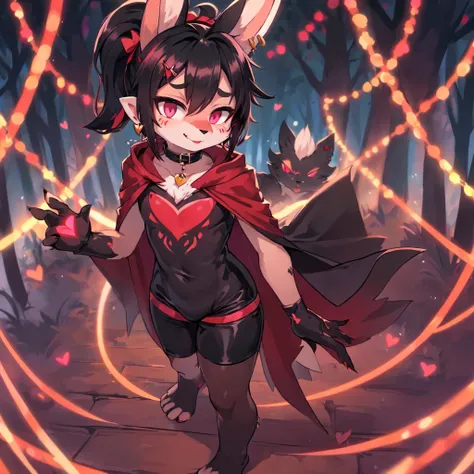 (furry:1.2), rabbit lip male, pink eyes, red skin, black hair, bunny nose, cute, ultra cute face, black hair, short hair ponytail, ears covered by hair black hand, bunny feet, black feet, bare feet, Heart-shaped mark on chest, (ultra detailed), shy, soft, ...