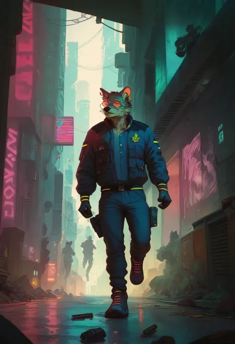 score_9, score_8_up, score_7_up, score_6_up, masterpiece, high quality, 1man, anthropomorphic black wolf, cyberpunk police offic...