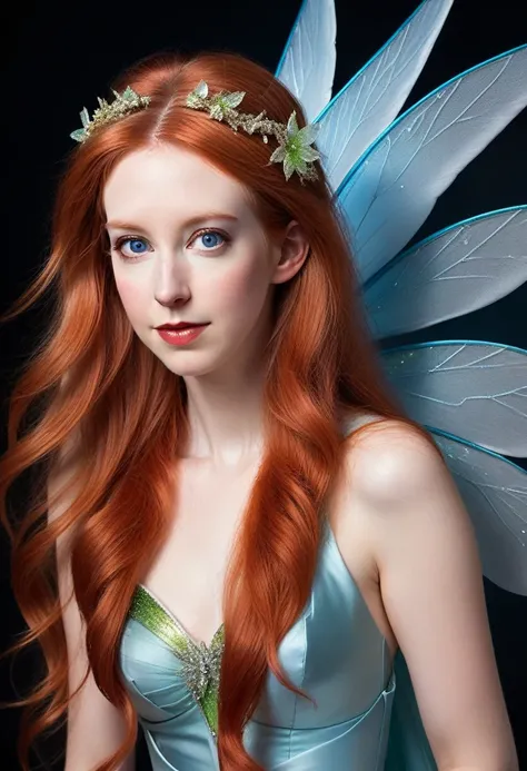 elizabeth holmes as tinker bell, exquisite detail, award winning photography, dramatic lighting, long luxurious light red hair, long red hair and blue eyes, long red hair and big eyes, red flowing hair, silken red hair, long red flaming hair, flowing red h...