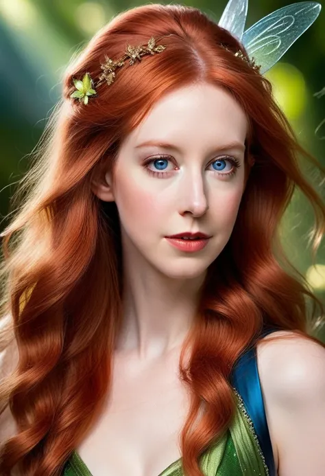 elizabeth holmes as tinker bell, exquisite detail, award winning photography, dramatic lighting, long luxurious light red hair, long red hair and blue eyes, long red hair and big eyes, red flowing hair, silken red hair, long red flaming hair, flowing red h...